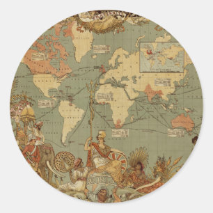 Wereldkaart Antiek 1886 geïllustreerd Ronde Sticker