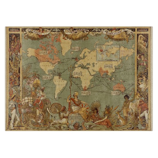 Wereldkaart Antiek 1886 geïllustreerd Snijplank (Voorkant)