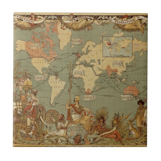 Wereldkaart Antiek 1886 geïllustreerd Tegeltje (Voorkant)