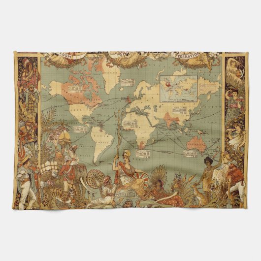 Wereldkaart Antiek 1886 geïllustreerd Theedoek (Horizontaal)