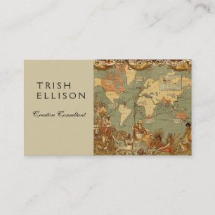 Wereldkaart Antiek 1886 geïllustreerd Visitekaartje