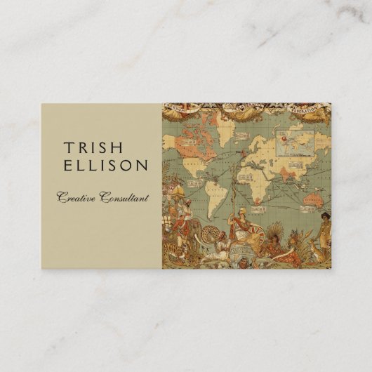 Wereldkaart Antiek 1886 geïllustreerd Visitekaartje (Voorkant)