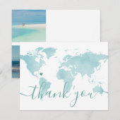 wereldkaart Aqua Beach Wedding Destination Foto Bedankkaart (Voorkant / Achterkant)