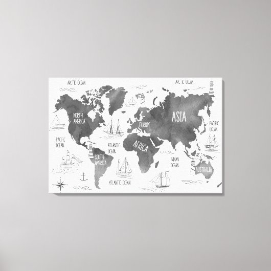 Wereldkaart Art Zwart Wit Nautisch Canvas Afdruk (Voorkant)