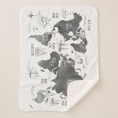 Wereldkaart Art Zwart Wit Nautisch Sherpa Deken (Voorkant)