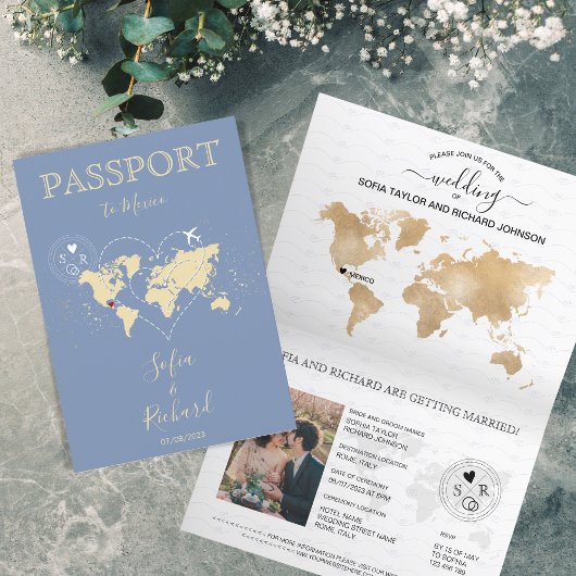 Wereldkaart Baby Blue  Wedding Destination Passpor