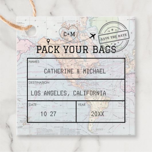 Wereldkaart Bagagelabel Opslaan Datum Bedankjes Labels (Voorkant)