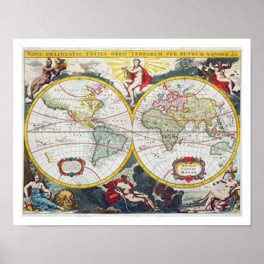 Wereldkaart, begin 18e eeuw (gekleurd graven) poster (Voorkant)