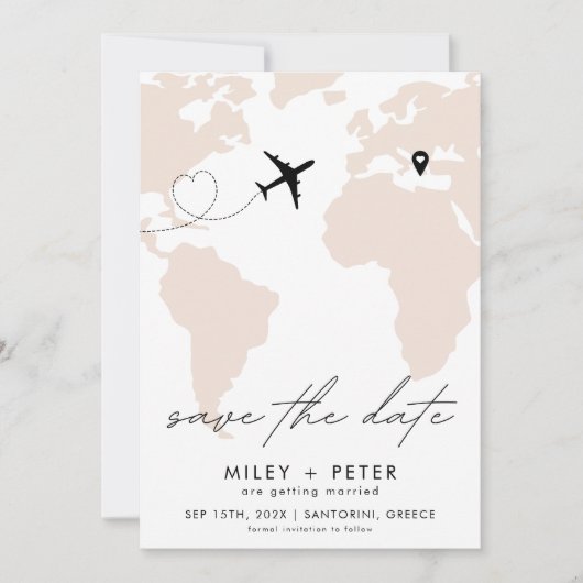 Wereldkaart bestemming bruiloft foto save the date (Voorkant)