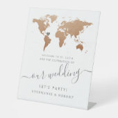 Wereldkaart Bestemming Bruiloft Koperroest Welkom Reclamebord Met Voetstuk (Voorkant)