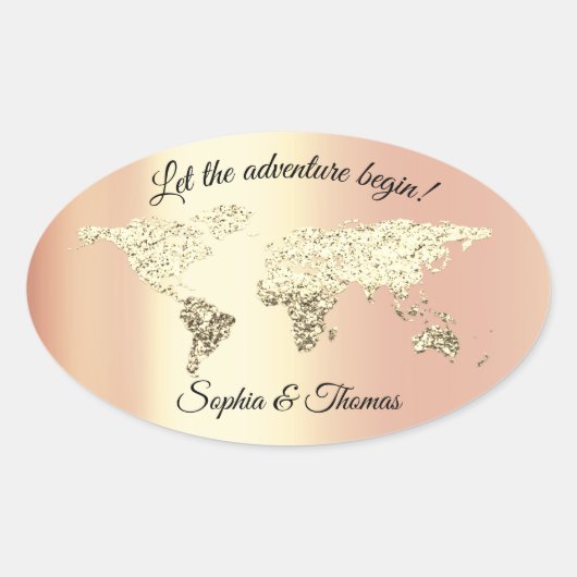 Wereldkaart bestemming Golden Earth Coral Ovale Sticker (Voorkant)