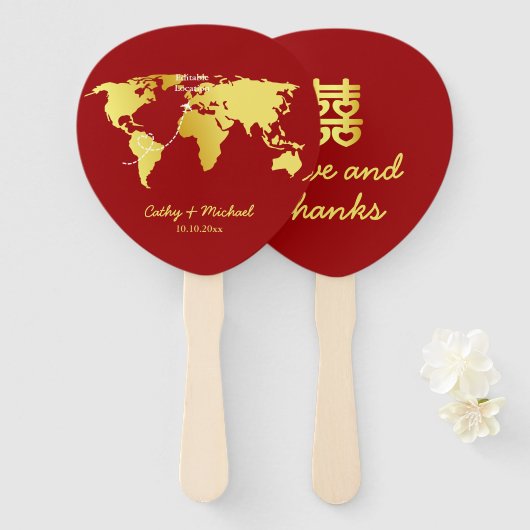 Wereldkaart bestemmings Chinese bruiloft Handwaaier (Voorkant en achterkant)