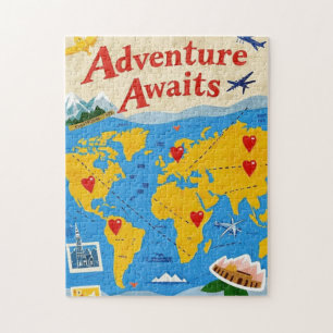 Wereldkaart bezaaid met hartspelden en bezienswaar legpuzzel