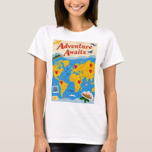 Wereldkaart bezaaid met hartspelden en bezienswaar t-shirt