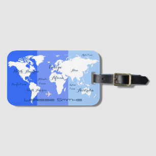 wereldkaart blauw gestreept bagagelabel