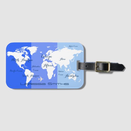 wereldkaart blauw gestreept bagagelabel (Voorkant (horizontaal))