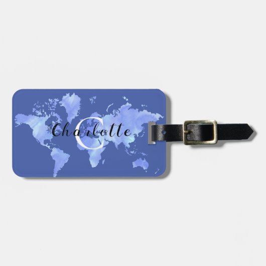 Wereldkaart Blauw reizen Aangepaste Monogram Naam Bagagelabel (Voorkant horizontaal)