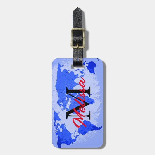 Wereldkaart Blauwe Monogrammen - Aangepaste naam Bagagelabel (Voorkant verticaal)