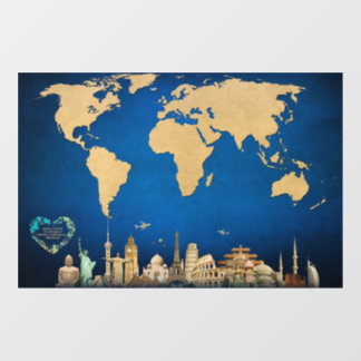 Wereldkaart Blauwe Wandkunst met quote Raamsticker