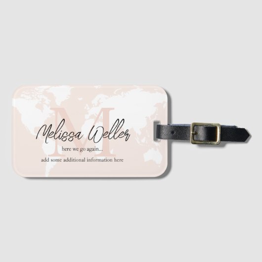 Wereldkaart Bleek Blush Roos Traveler Monogram Bagagelabel (Voorkant (horizontaal))