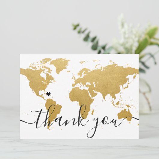 Wereldkaart bruiloft op bestemmingbruiloft bedankkaart (Staand voorkant)