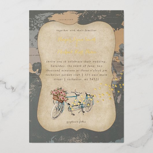 wereldkaart bruiloft rustige tandem folie uitnodiging (Voorkant)