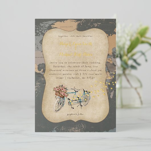 wereldkaart bruiloft rustige tandem folie uitnodiging (Staand Voorkant)