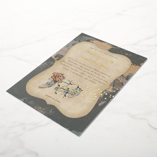 wereldkaart bruiloft rustige tandem folie uitnodiging (Gedraaid)