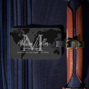 Wereldkaart donkergrijs reizigersmonogram bagagelabel