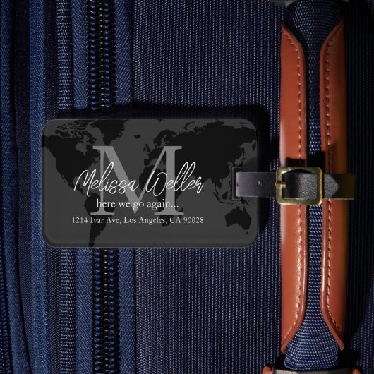 Wereldkaart donkergrijs reizigersmonogram bagagelabel (Voorkant Insitu 4)