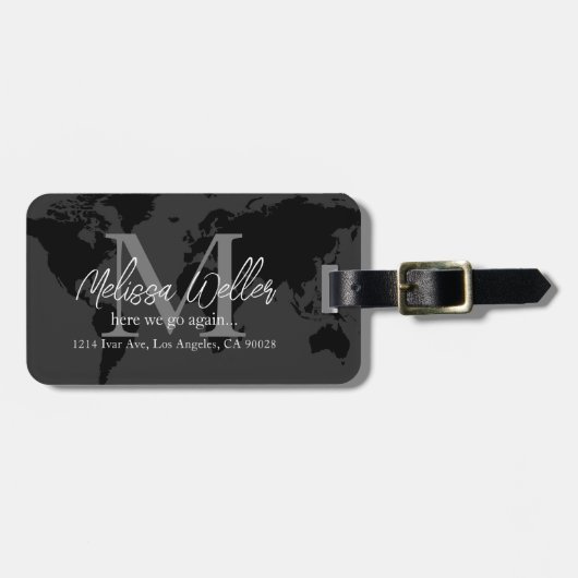 Wereldkaart donkergrijs reizigersmonogram bagagelabel (Voorkant horizontaal)