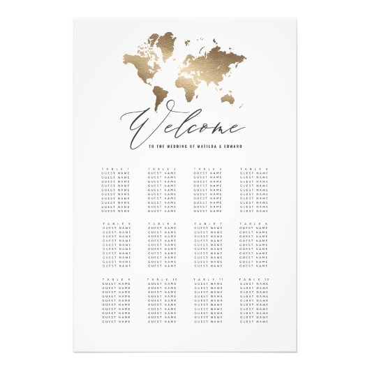 Wereldkaart- en trouwzitplan voor metallisch goud foto afdruk (Voorkant)