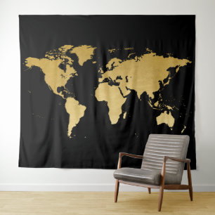 Wereldkaart Gedetailleerde Globe Zwart Goud Foto A Wandkleed