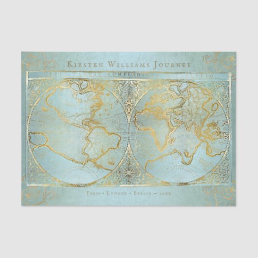 Wereldkaart Gold Blue Monogram Naam Tissuepapier (Voorkant)