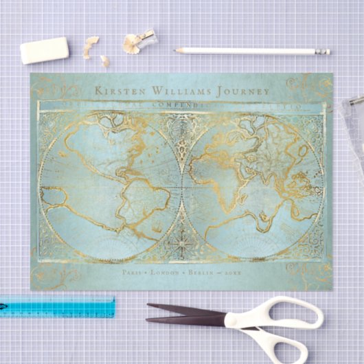  Wereldkaart Gold Blue Monogram Naam Tissuepapier (Craft)