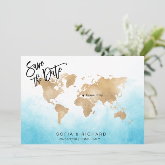 Wereldkaart Gold Movable Heart voor bruiloft beste Kaart (Staand voorkant)