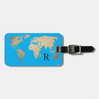 Wereldkaart Goud Blauw Zwart Monogram Initieel Cad Bagagelabel
