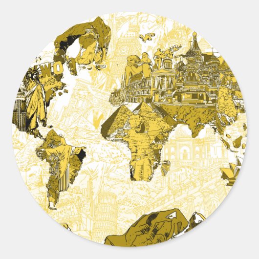 wereldkaart goud ronde sticker (Voorkant)