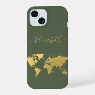 Wereldkaart gouden reizigers monogram groen iPhone 15 case