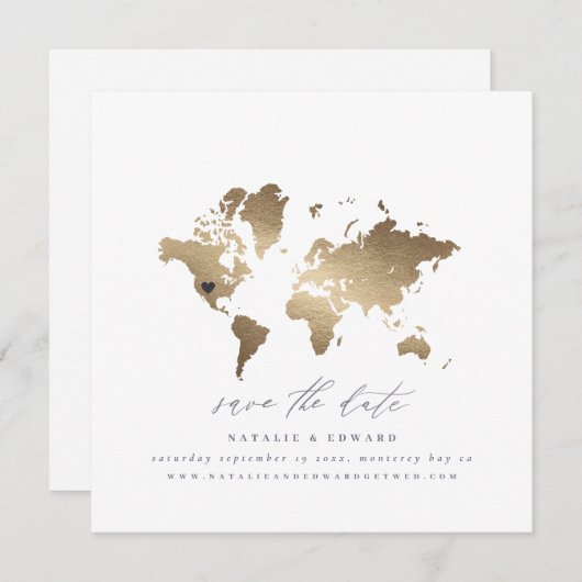 Wereldkaart gouden waterverf aankondiging bruiloft (Voorkant / Achterkant)