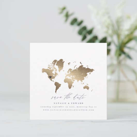 Wereldkaart gouden waterverf aankondiging bruiloft (Staand voorkant)