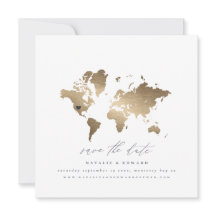 Wereldkaart gouden waterverf aankondiging bruiloft