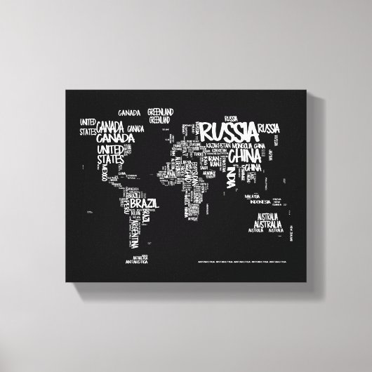 Wereldkaart Handgeschreven Typografie, Zwart-wit Canvas Afdruk (Voorkant)