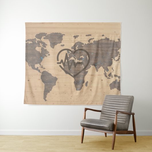 Wereldkaart Hartbeat-houtkorrel Wandkleed (In Situ (horizontaal))