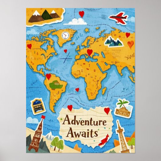 Wereldkaart Heart Pins Adventure wacht op u Poster (Voorkant)