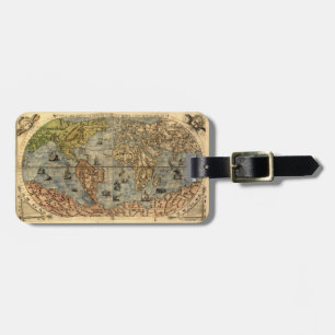 Wereldkaart  Historische Antiek Atlas Bagagelabel