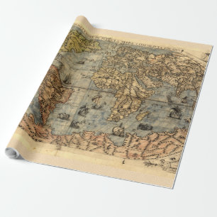 Wereldkaart  Historische Antiek Atlas Cadeaupapier