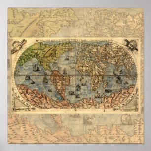 Wereldkaart  Historische Antiek Atlas Poster