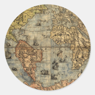 Wereldkaart  Historische Antiek Atlas Ronde Sticker