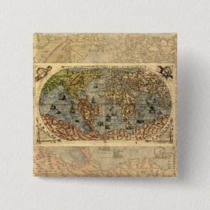 Wereldkaart  Historische Antiek Atlas Vierkante Button 5,1 Cm